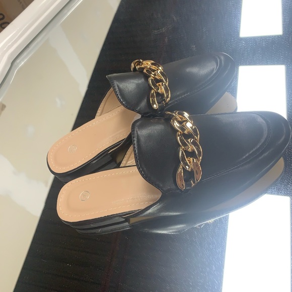 Gold Chain Detail Flat Slip On Mule in Black Faux Leather - Women’s - Picture 6 of 8